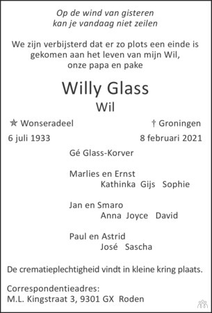 overlijdensbericht Wil Glass